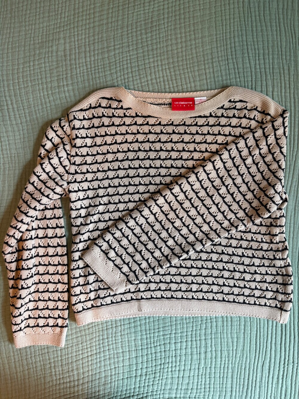 Liz Claiborne Small Beige and Black Cotton Sweater Knit Patterned